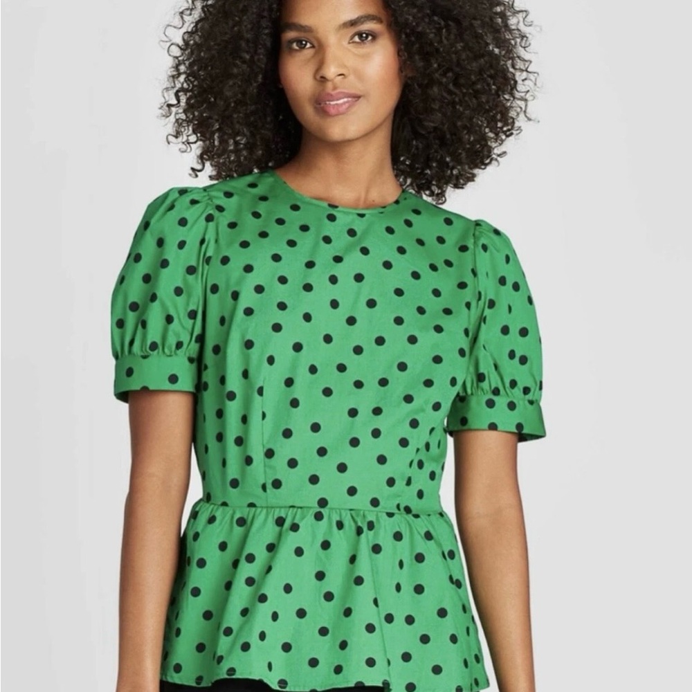 Who What Wear Green Polka Dot Blouse